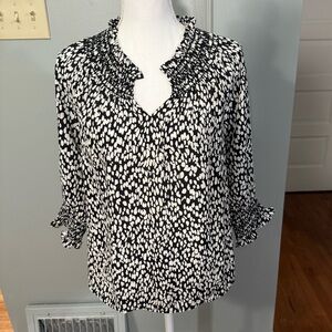 Talbots Petite Small Smocked Neck Top, 3/4 length Sleeves Black & White Print